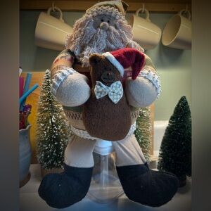 Rustic Santa Holding Bear | Weighted Bottom | Shelf Sitter Cabincore | Med Size